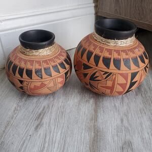 2 Signed Vintage Red Clay Mexican Pottery Vases by Jose Lucano Set of 2